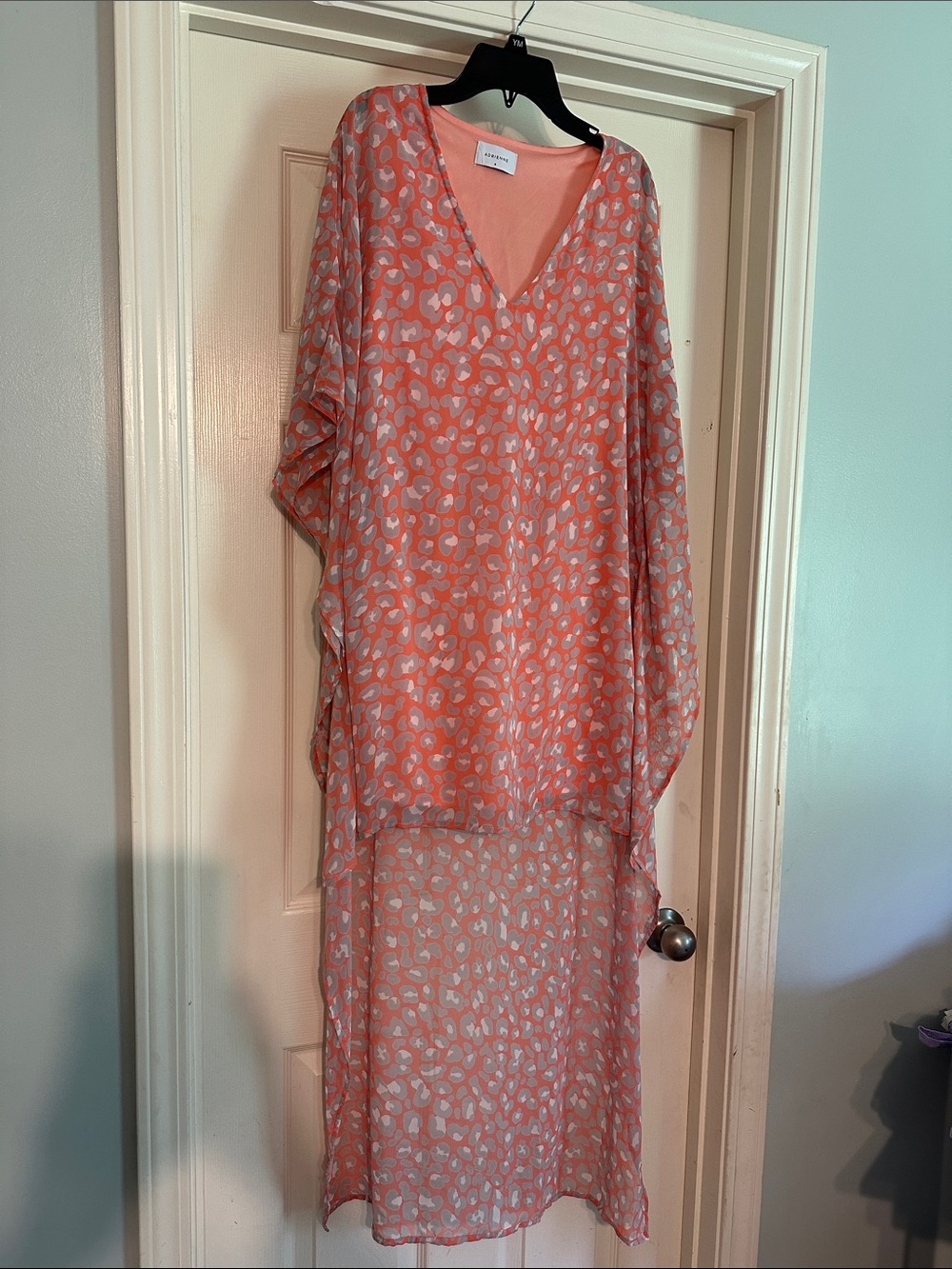 Adrienne Coral Pink Patterned V-Neck Sheer Midi Dress